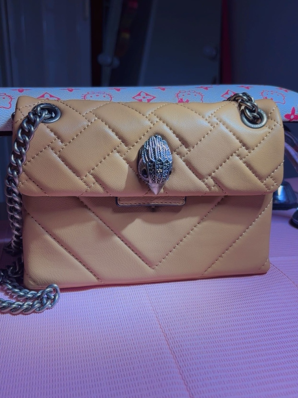 Kurt Geiger Quilted Beige Shoulder Bag with Silver Chain